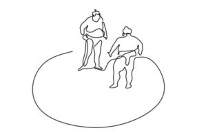 One continuous line drawing of two young big Japanese rikishi men is fight at festival tournament minimalism style isolated on white background. Traditional sumo sport concept. Vector illustration