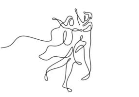 One line drawing of young happy couple male and female is dancing together. A woman and man dancing pose elegantly. Romantic relationship concept isolated on white background. Vector illustration