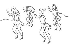 dibujo de línea continua de grupo de chicas en baile de zumba. Cuatro enérgicas mujeres jóvenes practican la danza aislada sobre fondo blanco. danza deporte y concepto de estilo de vida saludable. ilustración vectorial vector