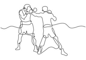 dibujo continuo de una línea de dos hombres jugando boxeo en el área del ring. Dos boxeadores profesionales luchan entre sí en un torneo aislado sobre fondo blanco estilo minimalista. ilustración vectorial vector