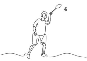 dibujo de línea continua del hombre jugando al bádminton. personaje que un jugador de bádminton está jugando con una raqueta aislada sobre fondo blanco. concepto de torneo deportivo diseño minimalista. ilustración vectorial vector