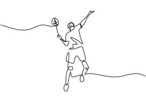 Continuous one line drawing of young man athlete playing badminton. A male jump and hit shuttlecock with racket. Competitive sport concept hand drawn art minimalism design. Vector illustration