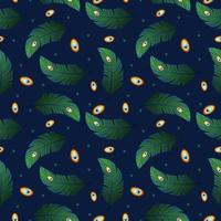 Peacock feathers hand painted seamless pattern. Vintage style of feather isolated on blue background. Vector illustration background for textile decor and design. Fashionable template