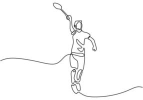 dibujo de línea continua del hombre jugando al bádminton. personaje que un jugador de bádminton está jugando con una raqueta aislada sobre fondo blanco. concepto de torneo deportivo diseño minimalista. ilustración vectorial vector