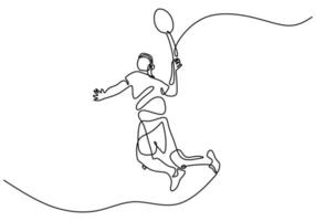 Continuous line drawing of man playing badminton. Character a badminton player is playing with a racket isolated on white background. Sport tournament concept minimalist design. Vector illustration