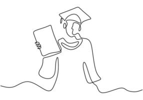 Continuous one line art drawing of happy graduation student wearing graduation hat. College, school pupil celebrating graduation theme isolated on white background. Vector illustration