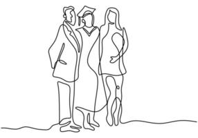 One continuous line drawing of graduation student. Happy student who is graduation photo with parents isolated on white background. Graduation celebration concept. Vector minimalist style