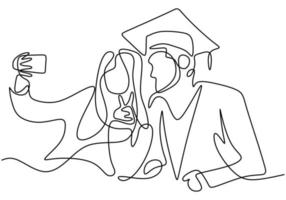 Continuous line drawing of happy graduation student taking selfie photo with his sister isolated on white background. Graduation celebration concept. Hand drawn line art minimalism design vector