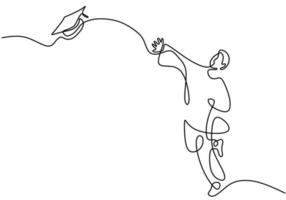 One line drawing group of young happy graduate male college student jump while throwing the graduation cap. A male express to celebrate his school graduation. Education celebration concept vector