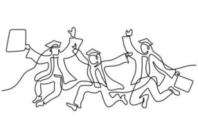 One continuous line group young students in jump joyfully. Happy three teenager student express their graduation while hands up isolated on white background. The concept of graduation celebration vector