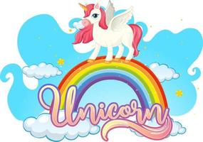 personaje de dibujos animados de unicornio de pie sobre un arco iris con fuente de unicornio vector