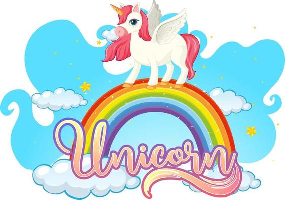 Cartoon character of unicorn standing on rainbow with unicorn font