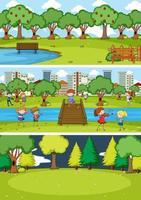 Set of different horizon scenes background with doodle kids cartoon character vector