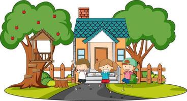 Front view of mini house with many kids on white background vector