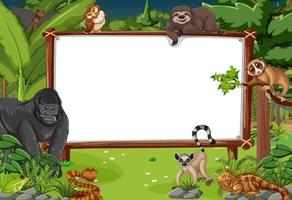 Blank banner in the rainforest scene with wild animals vector