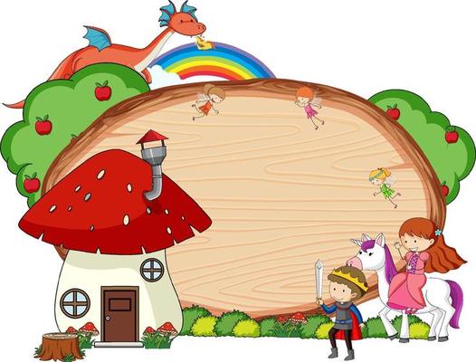Empty wooden banner with fairy tale cartoon character and elements isolated
