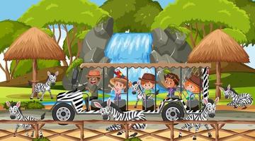 Safari at daytime scene with kids watching zebra group vector