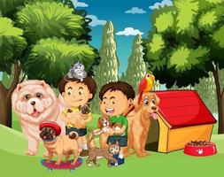 Group of pet with owner in the park scene vector