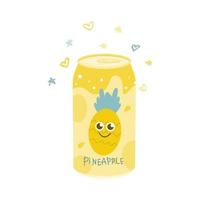 Non-alcoholic pineapple drink in an aluminum can. Cold carbonated juice, sweet water. Vector illustration in a flat style on a white background