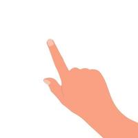 The hand with the index finger is isolated on a white background. Demonstrate, point, show, focus on the object. Vector flat image