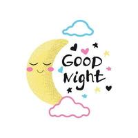 Smiling Crescent with pink cheeks in the clouds and the inscription good night, decorative elements, children's decor vector