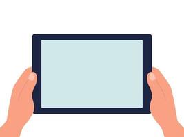 Hands holding a tablet with a blank screen on a white isolated background. Vector flat illustration