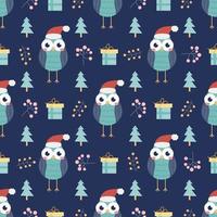 Owl with gifts and Christmas trees and other decorative elements on a dark blue background. Christmas and new year print. Vector seamless pattern. Children's decor