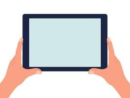 Tablet in hand with a blank screen on a white isolated background. Vector flat illustration