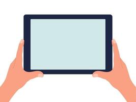 Tablet in hand with a blank screen on a white isolated background. Vector flat illustration