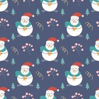 Snowman with a gift, Christmas trees and other decorative elements on a blue background. Christmas and new year printing. Vector seamless pattern. Children's decor