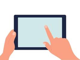 The tablet is in one hand and the other is pointing at the screen. Blank display. Vector flat illustration isolated on a white background