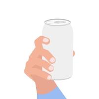 Tin aluminum can in a man's hand on a white background. Vector illustration in flat style