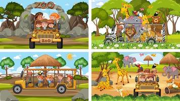 Four different zoo scenes with kids and animals vector