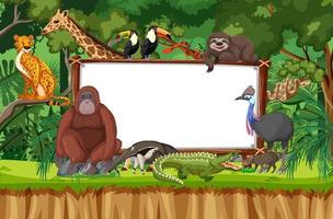 Banner en blanco en la escena de la selva tropical con animales salvajes vector