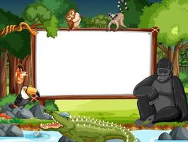 Blank banner in the rainforest scene with wild animals vector