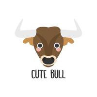 Vector image of a sweet face of a bull with pink cheeks and text on white background in flat design style. Logo, badge, children's print