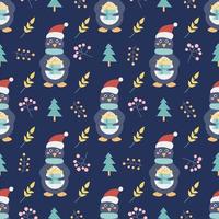 Penguin with a gift and Christmas trees and other decorative elements on a dark blue background. Christmas and new year printing. Vector seamless pattern. Children's decor