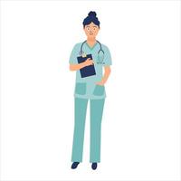 Smiling female doctor in full-length medical uniform with a tablet in her hand, a stethoscope around her neck. Cartoon vector illustration in a flat style on a white background