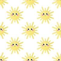 Vector seamless pattern of smiling sun with pink cheeks on white background, children's decor