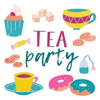 tea party kit. Muffin, mugs, sugar, candy, cookies, tea bag, doughnuts. Bright juicy colors on a white background. Vector image