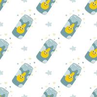 Pear carbonated drink in an aluminum metal can. Vector seamless pattern on a white background