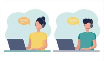 Online consultant. A woman and a man work on a laptop, communicate on a headset and in messages. home office, vector flat style on white background