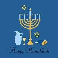 Happy Hanukkah, the Jewish festival of lights. Menorah candle holder with lit candles and text. Vector greeting card, blue background