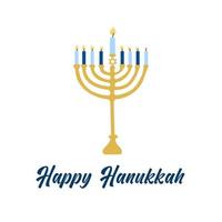 Happy Hanukkah, the Jewish festival of lights. Menorah candle holder with lit candles and text. Vector greeting card, poster on white background