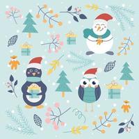 Christmas set of cute characters penguin, owl, snowman and decorative elements on a light background with snowflakes. Winter illustration, pattern, children's decor. Vector flat style