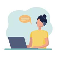 Online assistant. The girl sits at the computer and communicates with clients through a headset and responds to messages. Work from home, training, and solving everyday issues with clients vector