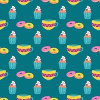 muffins, doughnuts, a mug of tea on a green background. Vector seamless pattern. Wallpaper, print