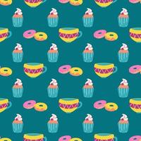 muffins, doughnuts, a mug of tea on a green background. Vector seamless pattern. Wallpaper, print