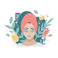 The concept of natural cosmetics care. A girl with a towel on her head and patches under her eyes on a background of plants, a circle of jars with creams, gels, shampoos. Vector image