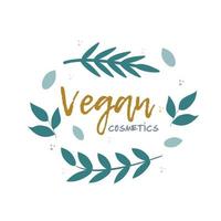 Icon, logo of Vegan cosmetics. Plants, branches, decorative elements in a circle. Vector image on a white background